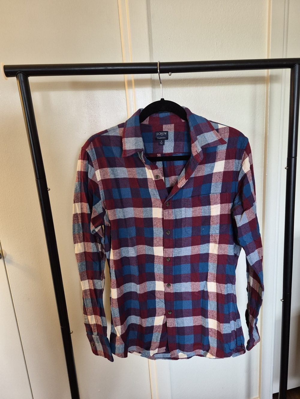 J. Crew Flannel Plaid Shirt in Burgundy, Blue And White